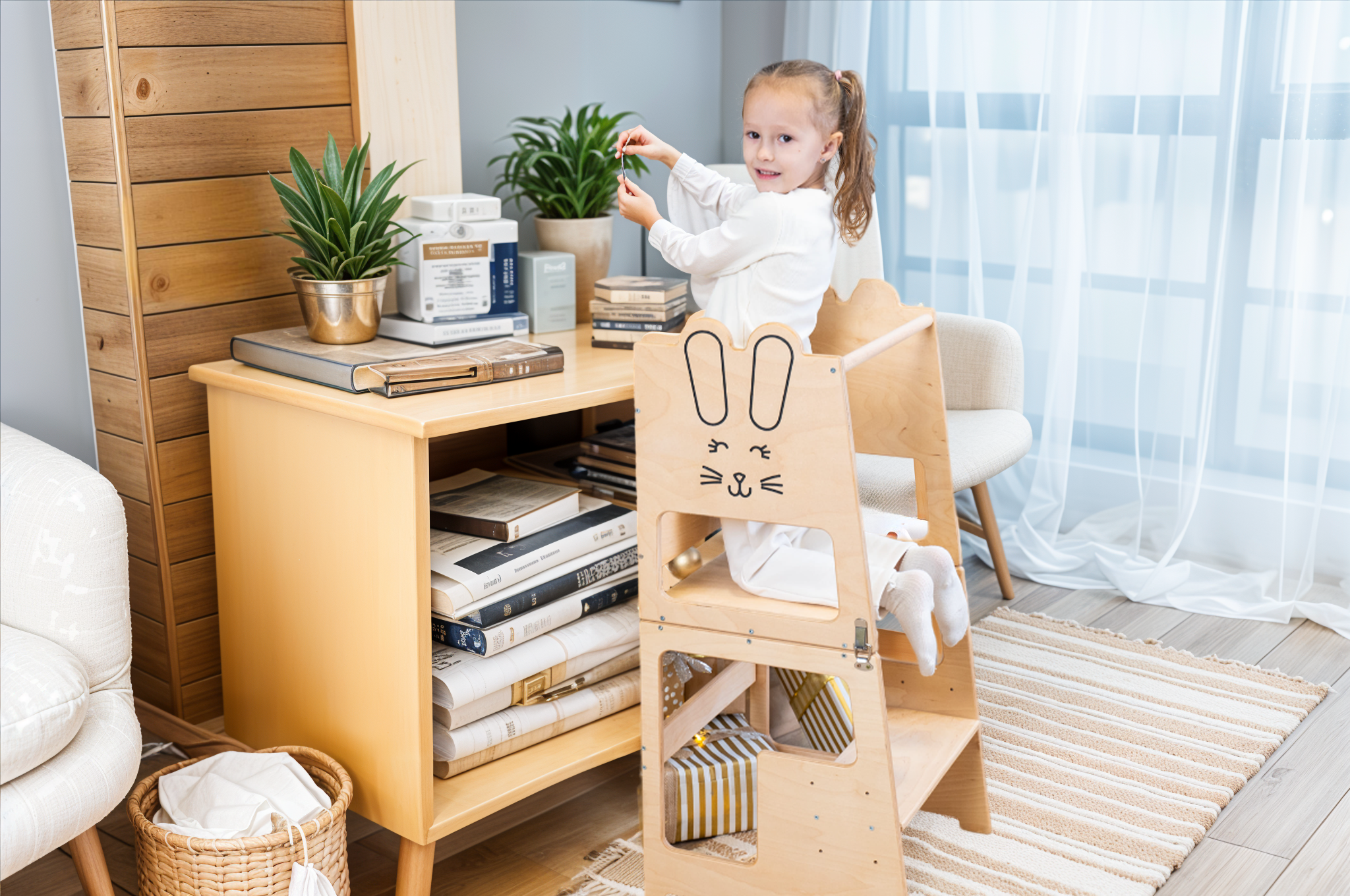 Meisje staat op houten leertoren met konijntjesprint van Fits4Kids en reikt naar aanrecht