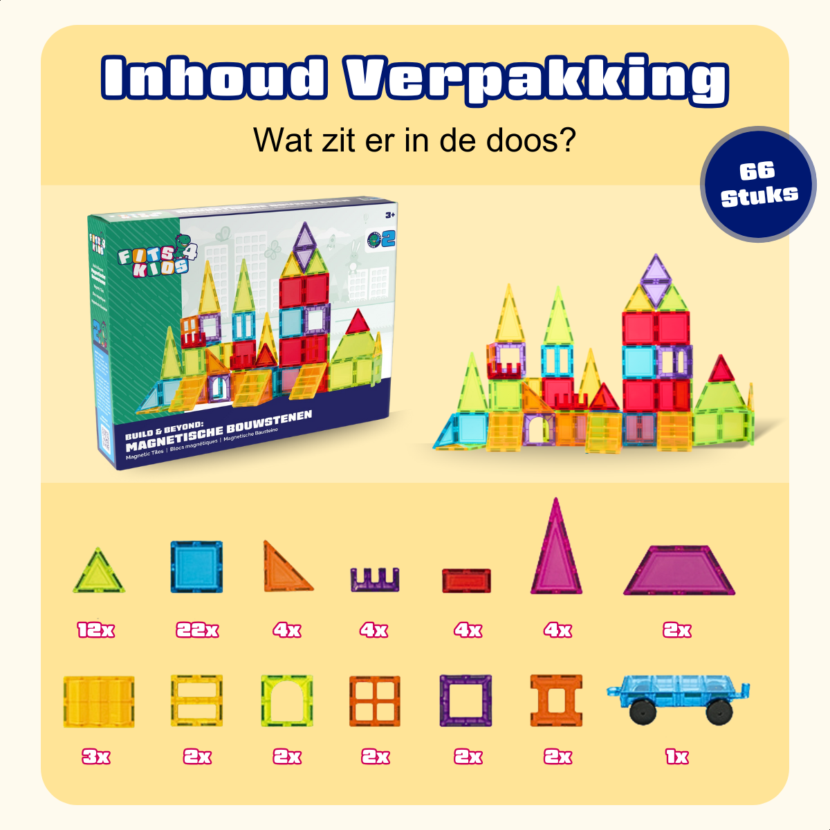 Overzicht van de inhoud van de Magnetic Tiles Build & Beyond set van Fits4Kids