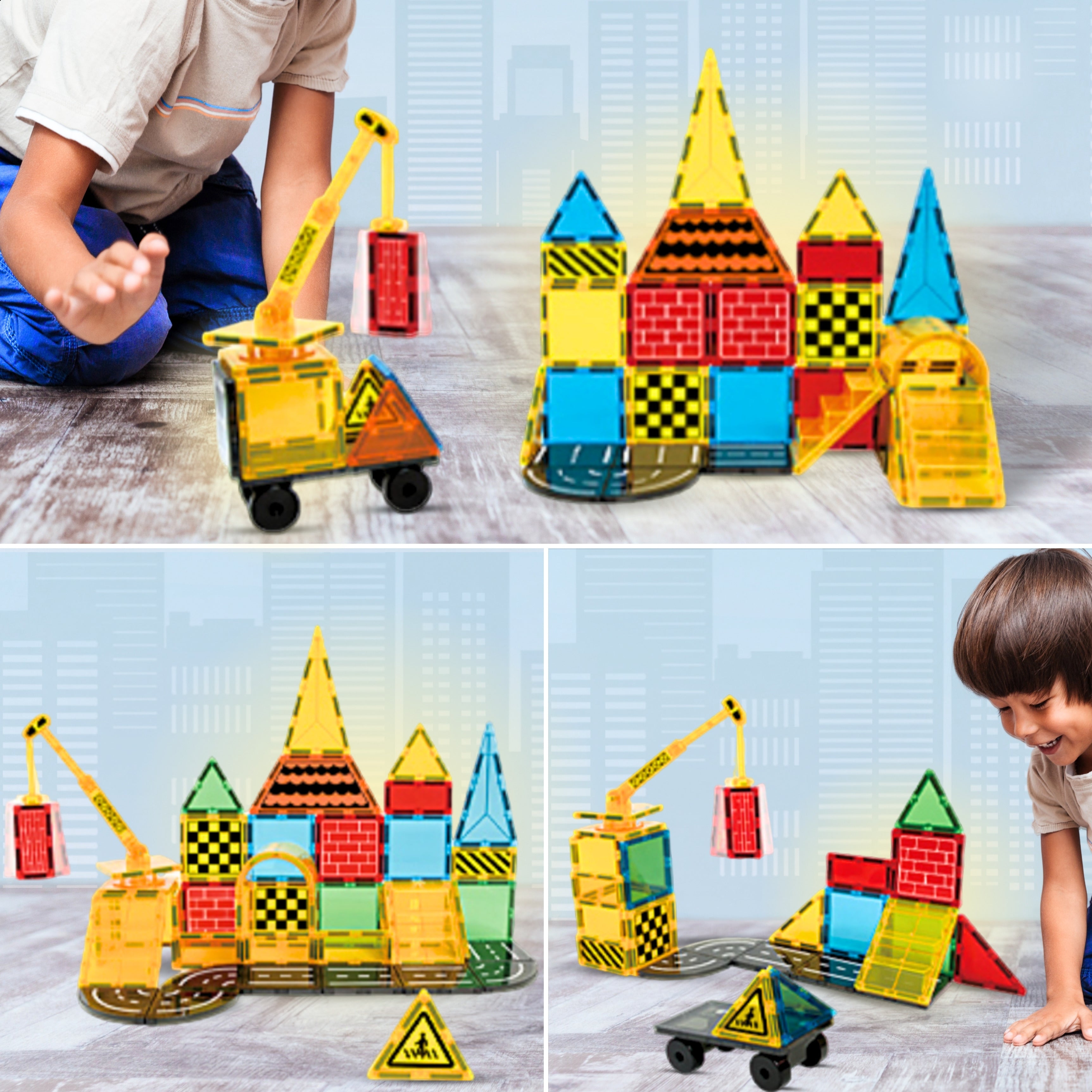 Kind bouwt vrolijk met Magnetic Tiles Construction Master van Fits4Kids