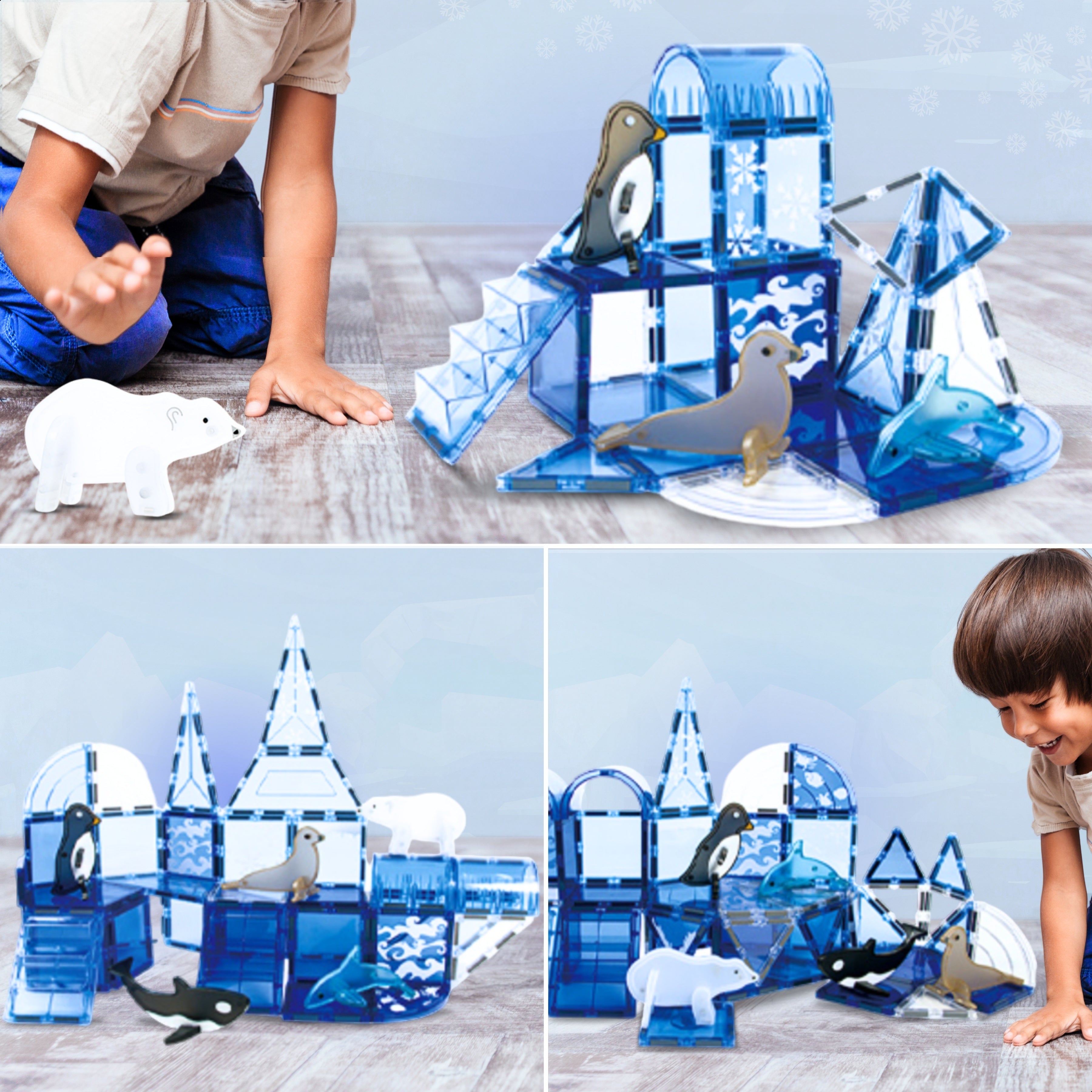 Magnetic Tiles Frozen Construction van Fits4Kids opgebouwd met ijsdieren