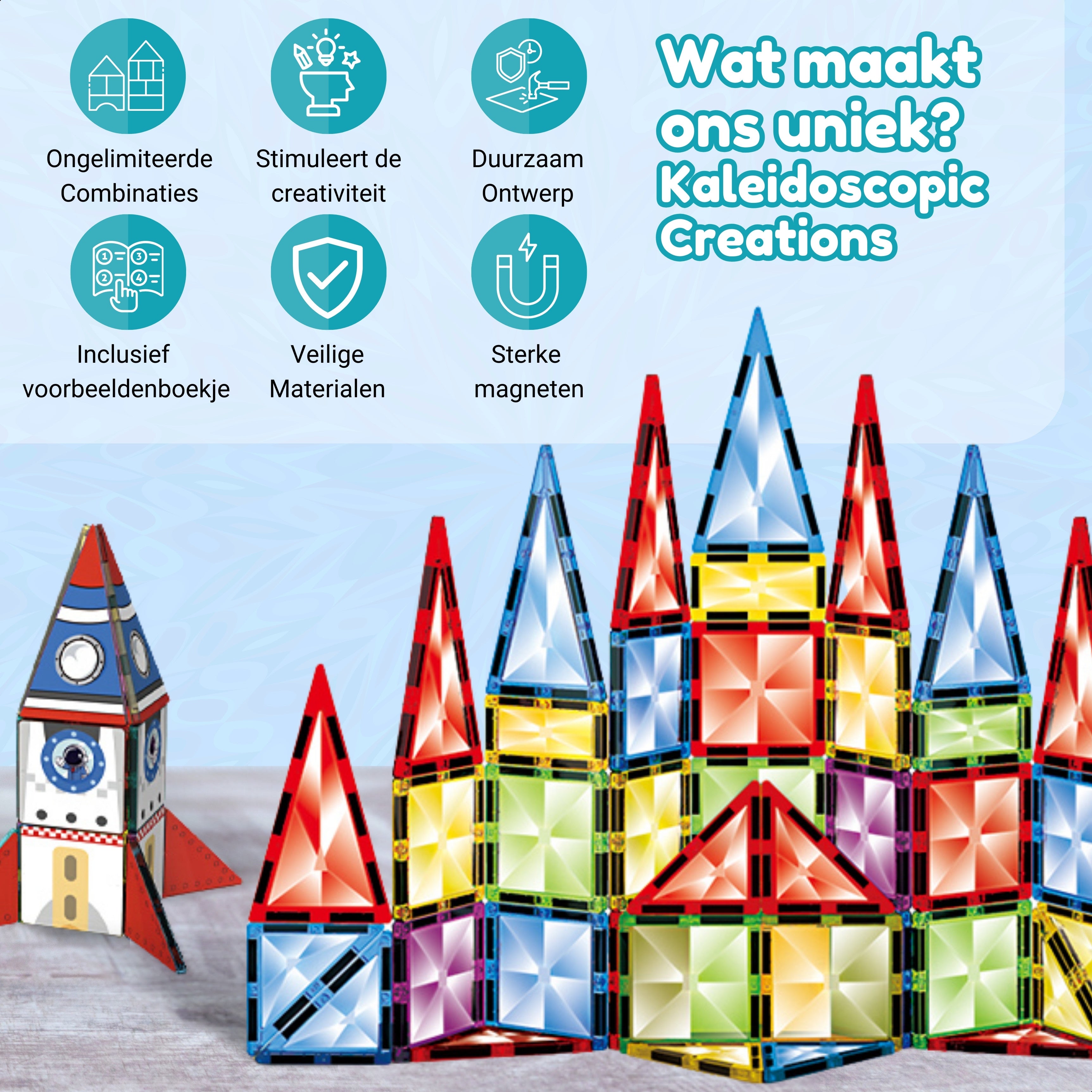 Meerdere bouwmogelijkheden met Magnetic Tiles Kaleidoscopic Creations van Fits4Kids