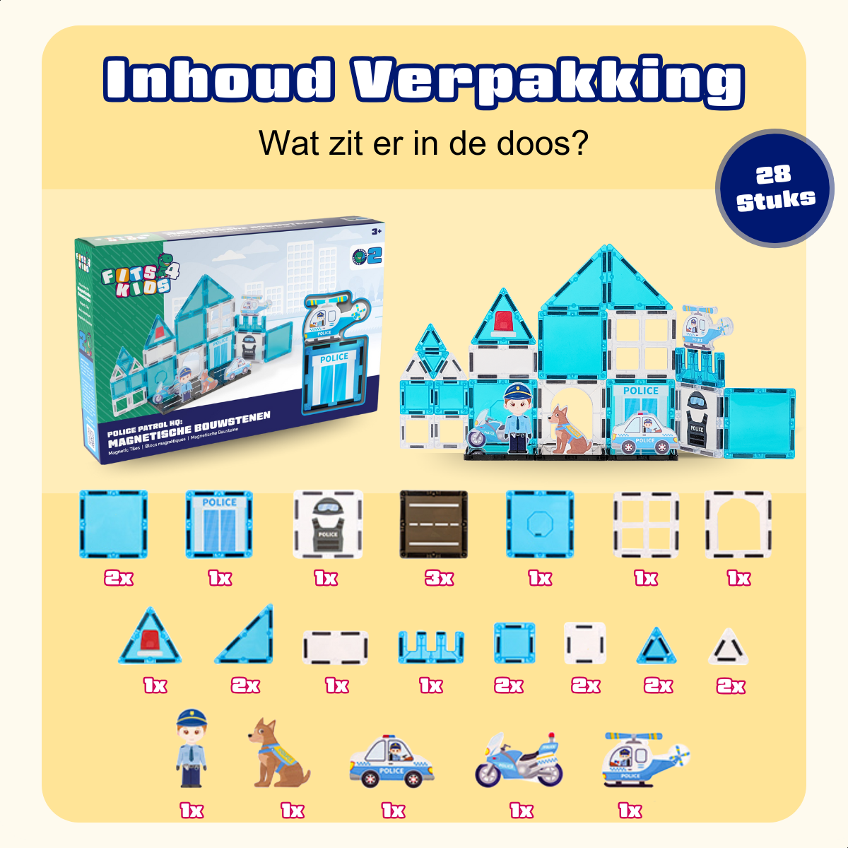 Overzicht van de inhoud van de Magnetic Tiles Police Patrol HQ set van Fits4Kids