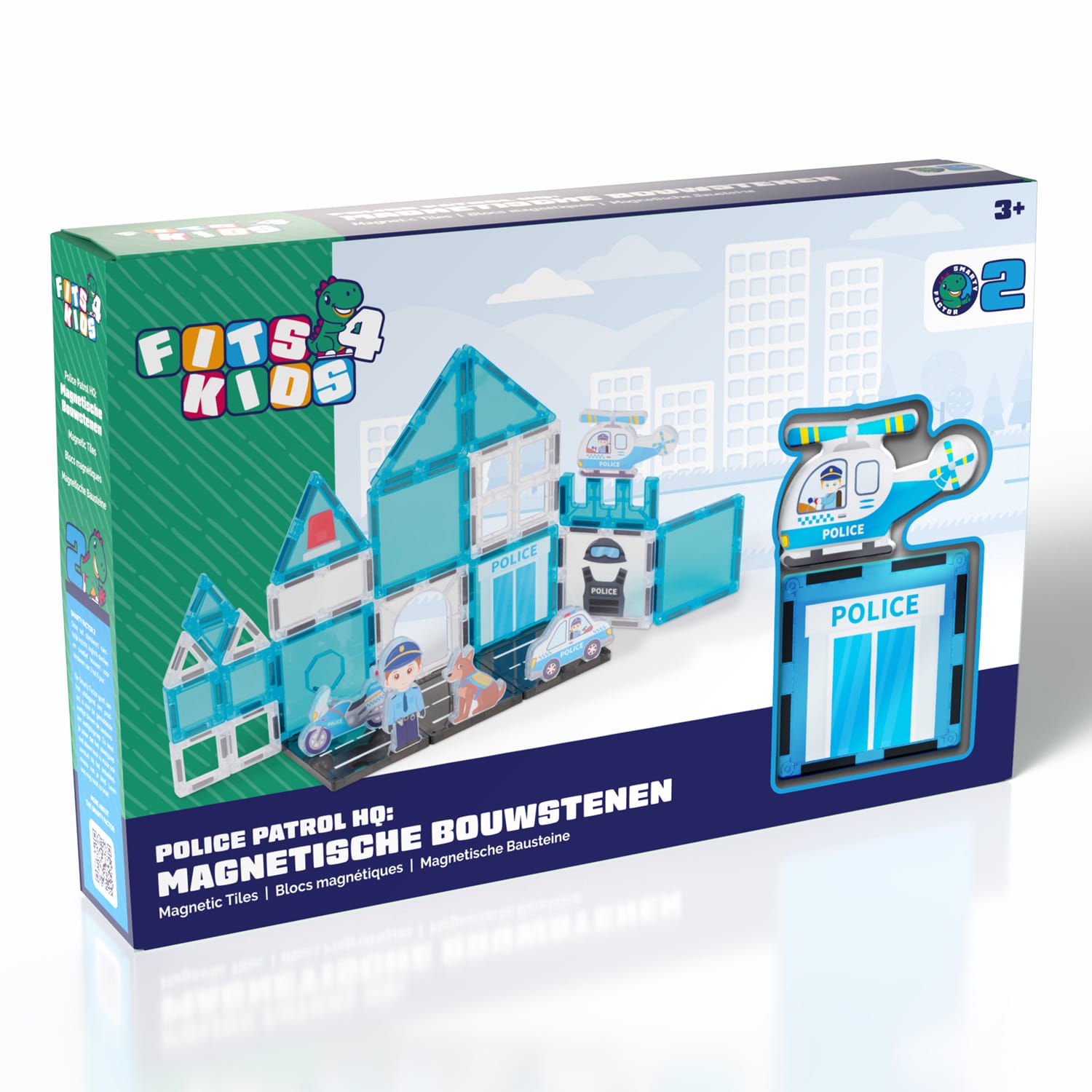 Verpakking van de Magnetic Tiles Police Patrol HQ van Fits4Kids voor kinderen vanaf 3 jaar
