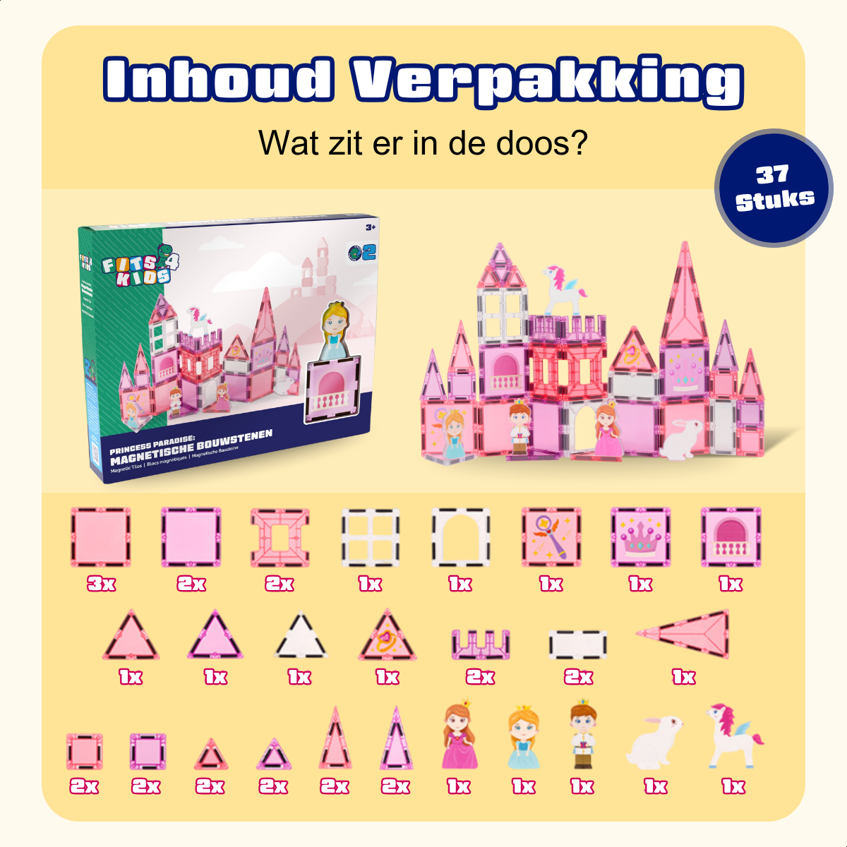 Overzicht van de inhoud van de Magnetic Tiles Princess Paradise set van Fits4Kids