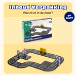 Overzicht van de inhoud van de Magnetic Tiles Road Trip Rally set van Fits4Kids